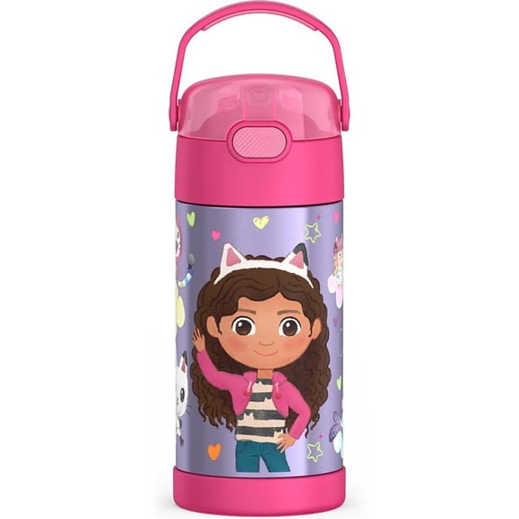Thermos Funtainer 12 Ounce Stainless Steel Vacuum Insulated Kids Straw Bottle, Gabys Dollhouse