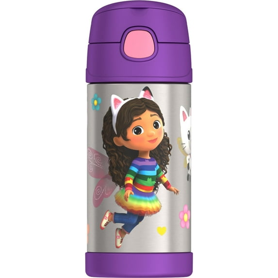 Thermos Funtainer 12 Ounce Stainless Steel Vacuum Insulated Kids Straw Bottle, Gabys Dollhouse