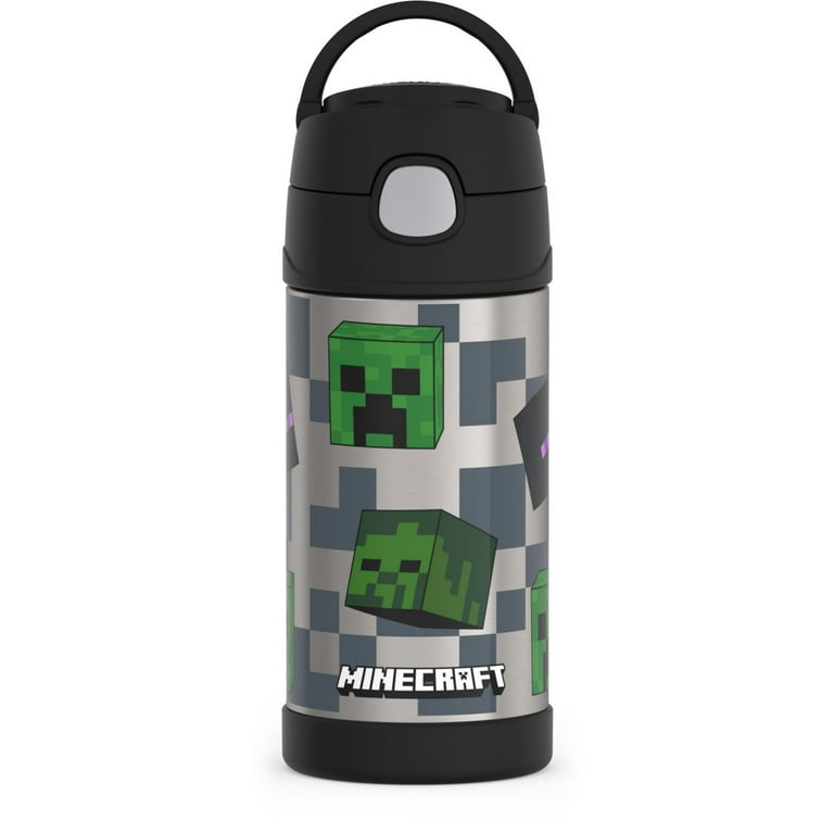Thermos Kids Stainless Steel Vacuum Insulated Funtainer Straw Bottle, Minecraft, 12 fl oz, Black