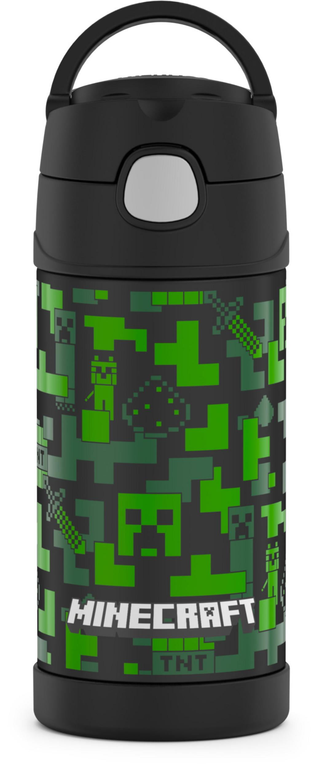 Thermos Kids Stainless Steel Vacuum Insulated Funtainer Straw Bottle, Minecraft, 12 fl oz, Black