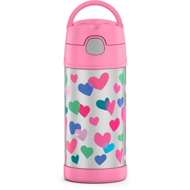 Thermos Kids Stainless Steel Vacuum Insulated Funtainer Straw Bottle, Pink  Hearts, 12 fl oz