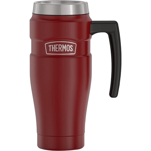 Thermos Stainless King Vacuum-Insulated Travel Mug with Handle - 16oz, Matte Rustic Red - Thermos Tumbler for Hot & Cold Drinks - Leak & Sweat-Proof Stainless Steel Coffee Mug with Lid for Commuting