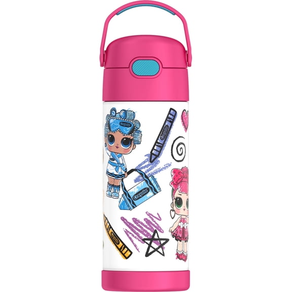 Thermos Kids Stainless Steel FUNtainer Bottle with Straw, Leak-Proof, Dishwasher Safe LOL Loves Crayola, 14 oz