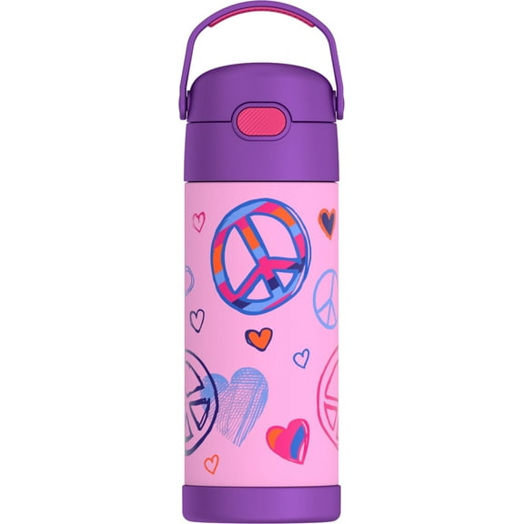 Thermos Kids Stainless Steel Funtainer Water Bottle with Straw, Dishwasher Safe, Leak Proof Peace, 14 oz