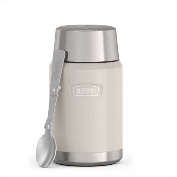 Thermos Stainless Steel Insulated Food Jar with Spoon, 24oz, Sandstone Tan, Ideal Use for Workday Meals and Travel, Made for Portable Food Storage