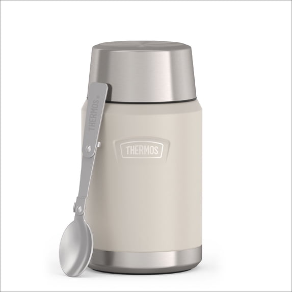 Thermos Stainless Steel Insulated Food Jar with Spoon, 24oz, Sandstone Tan, Ideal Use for Workday Meals and Travel, Made for Portable Food Storage