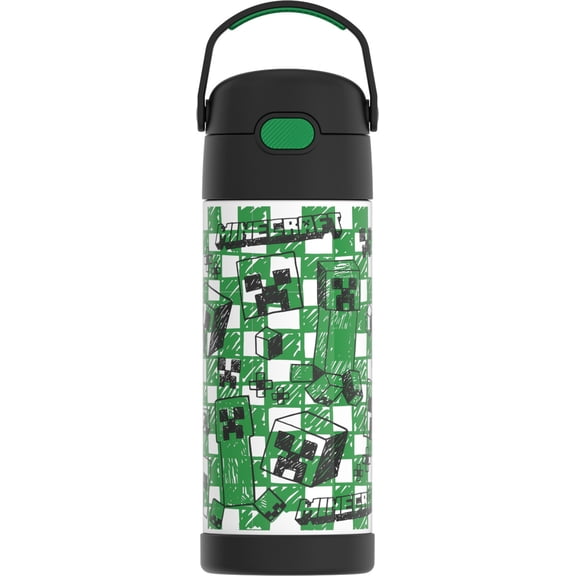 Thermos Kids Stainless Steel Funtainer Water Bottle with Straw, Dishwasher Safe, Leak Proof, Minecraft, 14 Fluid Ounces