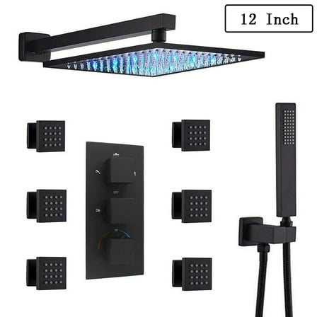 Thermostaic Black Shower Faucet Set 12 inch LED Rainfall With Massage Jets Body