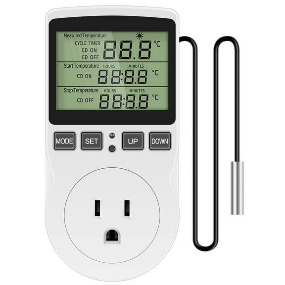Thermostat Temperature Controller Socket 1800W 15A/120V Digital Thermostat Timer Outlet Heating Cooling Control Timer Plug Smart Plug in Temp Controller for Home Greenhouse