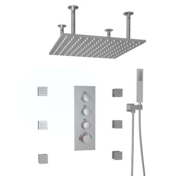 Thermostatic Ceiling Mounted 15.75x15.75 inch Rainfall Shower Head With Handheld Spray Shower Body Sprayer Jets and 6 PCS of body Jets Shower System Set Combo
