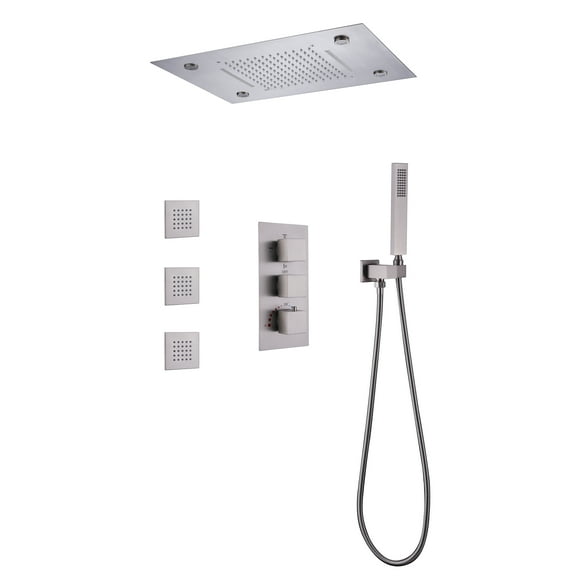 Thermostatic Ceiling Mounted LED Four Functions Complete Shower System with 3 PCS of Body Jets with Rough-in Valve