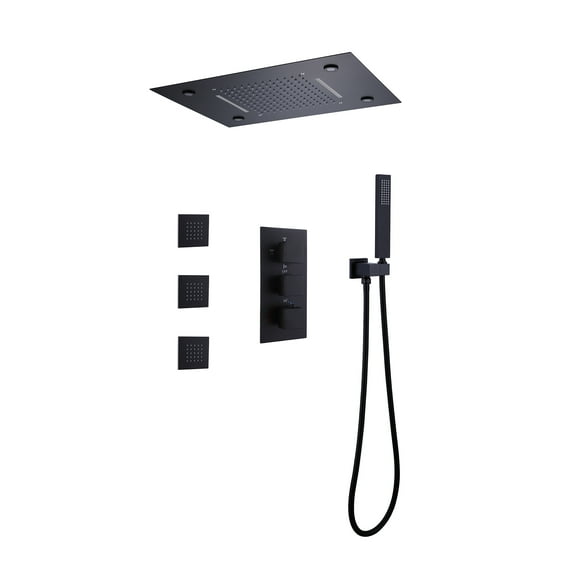 Thermostatic Ceiling Mounted LED Four Functions Complete Shower System with 3 PCS of Body Jets with Rough-in Valve