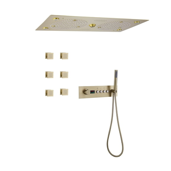 Thermostatic Ceiling Mounted Rainfall Shower System with 6 PCS of Body Jets, 12.6x24.41 Inch Super Large Rectangle Ceiling Shower Head, Double Rain Shower Head with Display Valve Trim Kit