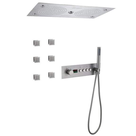 Thermostatic Ceiling Mounted Rainfall Shower System with 6 PCS of Body Jets, 12.6x24.41 Inch Super Large Rectangle Ceiling Shower Head, Double Rain Shower Head with Display Valve Trim Kit