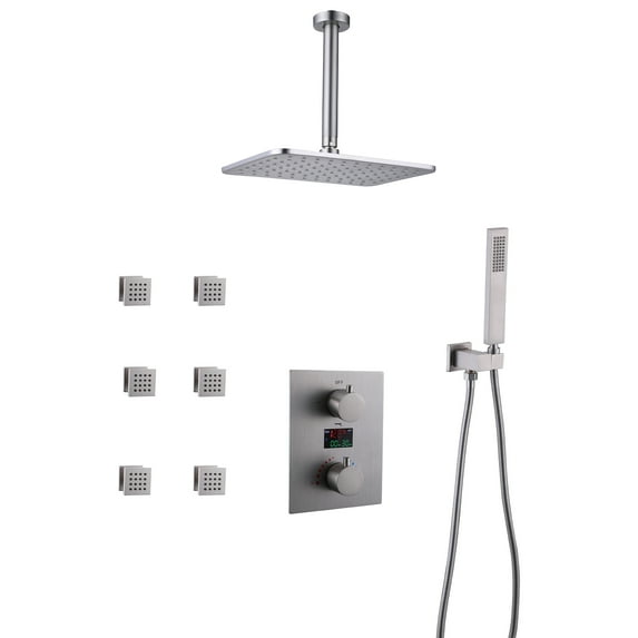 Thermostatic Ceiling Mounted Shower Combo Set with Display Valve Trim Kit, Rainfall Shower Head with Handheld Shower and Massage Body Jets
