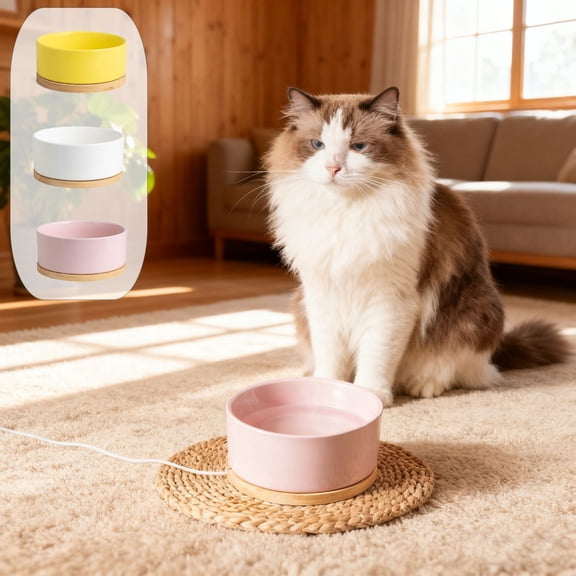 Thermostatic Ceramic Pet Water Bowl USB Heated 12.2x5.7cm Constant Temperature 25-30℃ Spill-Proof Quiet Low Power Winter Ready White Pink Yellow