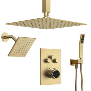 Thermostatic Complete Shower System Shower Faucet with Button Rough-In Valve with 12" & 6" Shower Heads with Handheld Shower