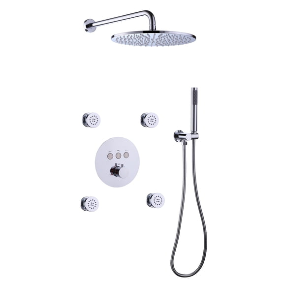 Thermostatic Complete Shower System with 4 PCS of Body Jets, Rainfall Shower Combo Set with Rough-in Valve
