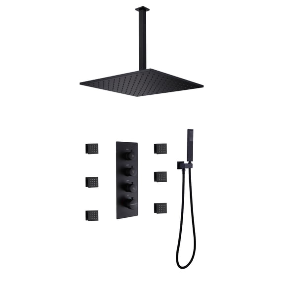 Thermostatic Complete Shower System with 6PCS of Body Jets, Ceiling Mounted Shower Faucet Set with Rough-in Valve