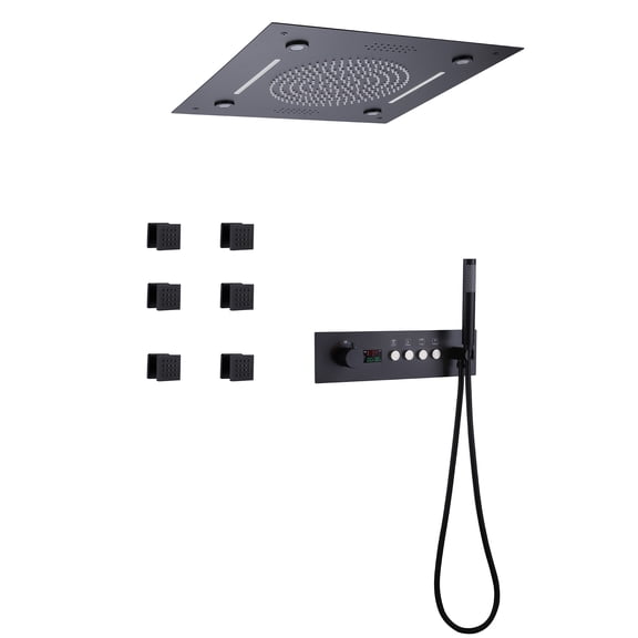 Thermostatic LED Ceiling Mounted Shower System with SPA Body Jets, Super Large 19.67-inch Rainfall Shower Head with Display Valve Trim Kit