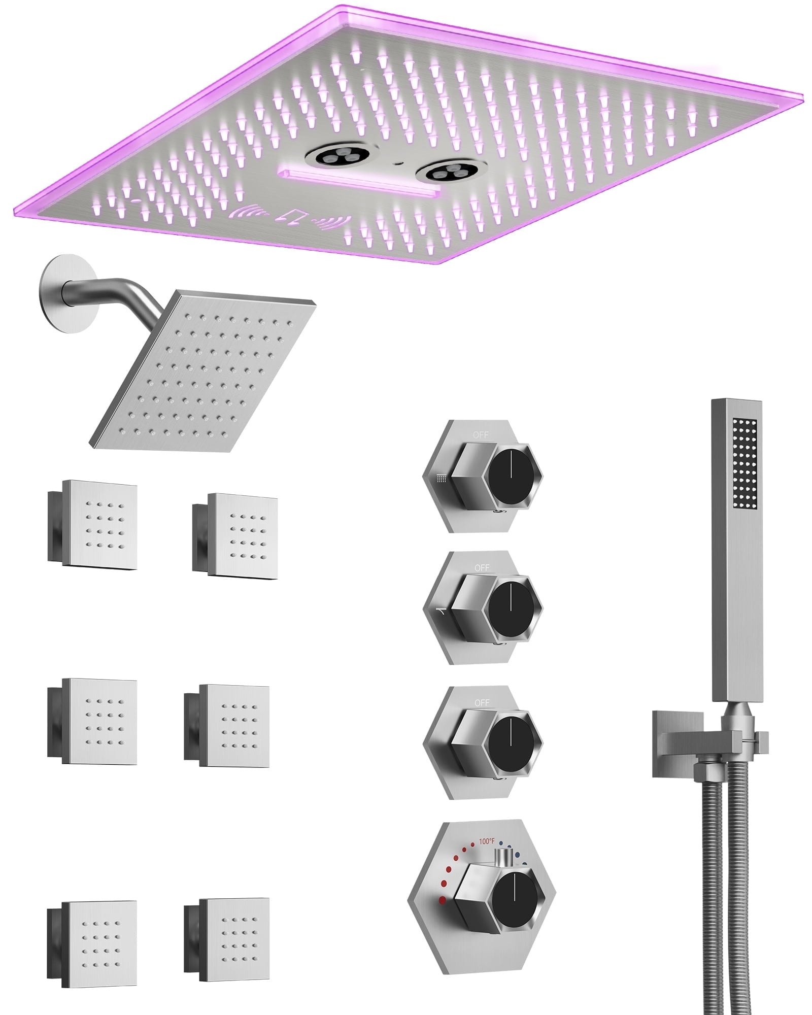 Brushed Nickel Dual Head LED Shower System with Bluetooth Speaker