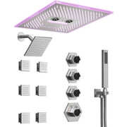 Thermostatic Music Shower System Dual Heads 16" & 6" Rainfall Waterfall  LED Shower Head with Body Jets Brushed Nickel