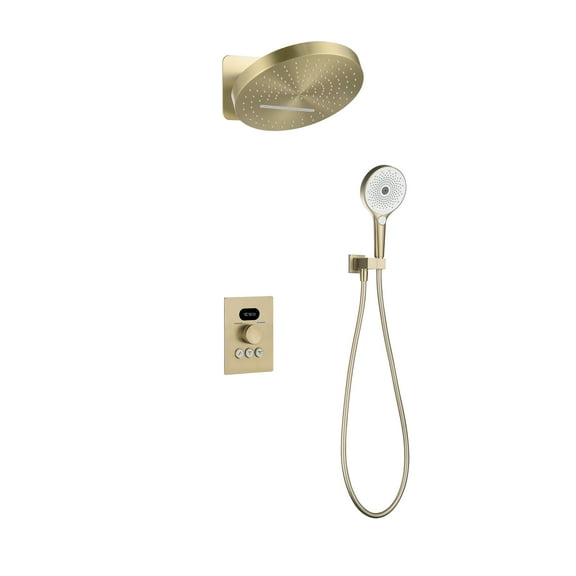 Thermostatic Shower Combo Set with Shampoo Shelf, Four Functions Shower Faucet Set with Rough-in Valve