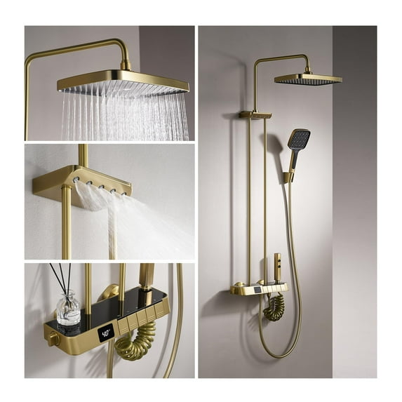 Thermostatic Shower System Digital Display Shower Faucet Set Wall Mount Piano Keys Rain Shower Combo Set with Handheld, 12" Shower Head, Shoulder Spray, 2 in 1 Bidet Spray, Tub Spout (Brushed Gold)