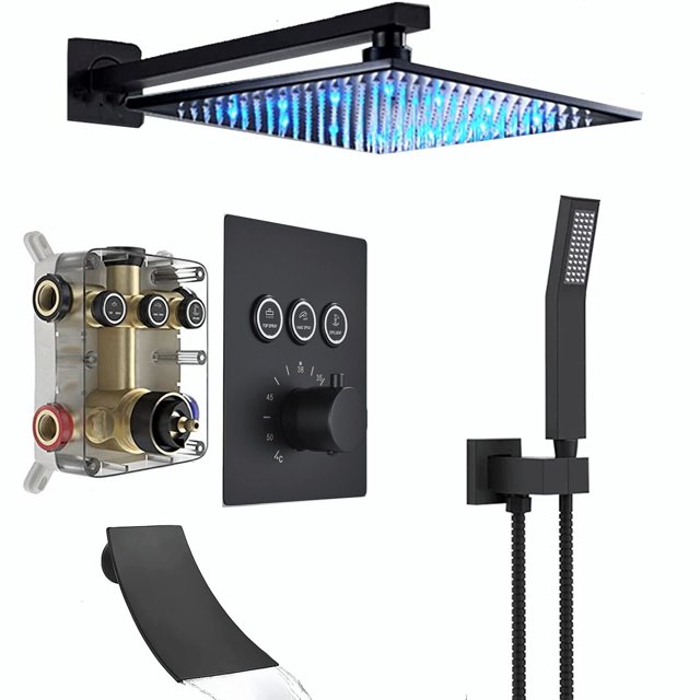 Thermostatic Shower System with Waterfall Tub Spout 12 inch LED Shower