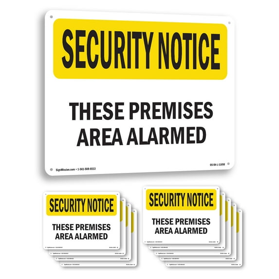 These Premises Are Alarmed OSHA Security Notice Rigid Plastic Sign 10 Inch x 7 Inch - 10 Pack