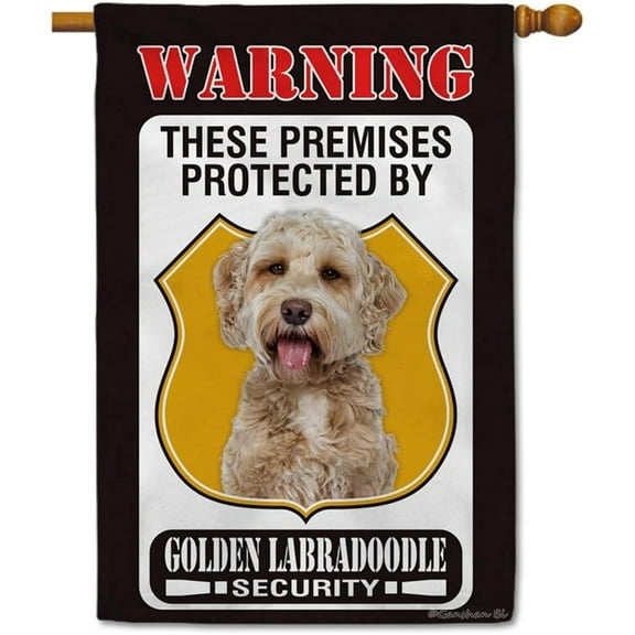 These Premises Protected by Golden Labradoodle House Flag Dog Warning Welcome Yard Flag Sign Banner for Outdoor Farmhouse 28X40 Inch Double Side