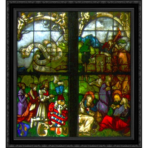 These stained glass windows from the western side of the Blumeneck Family Chapel 28x32 Large Black Ornate Wood Framed Canvas Art by Hans Baldung