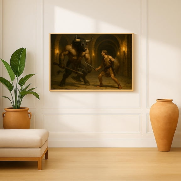 Theseus and the Minotaur Print | Labyrinth Showdown Poster | Wall Art, Unframed Paper Poster 8x10in