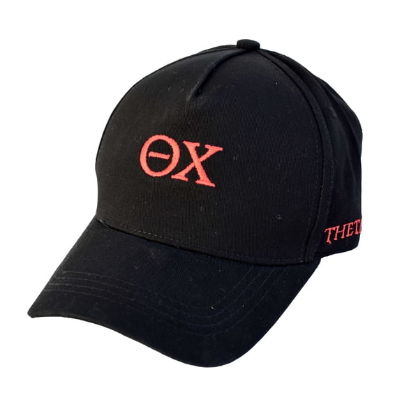 Theta Chi Fraternity Baseball Cap - Brushed Cotton 5-Panel Black Hat, Adjustable Size, Embroidered Greek Letters and Fraternity Name in Print