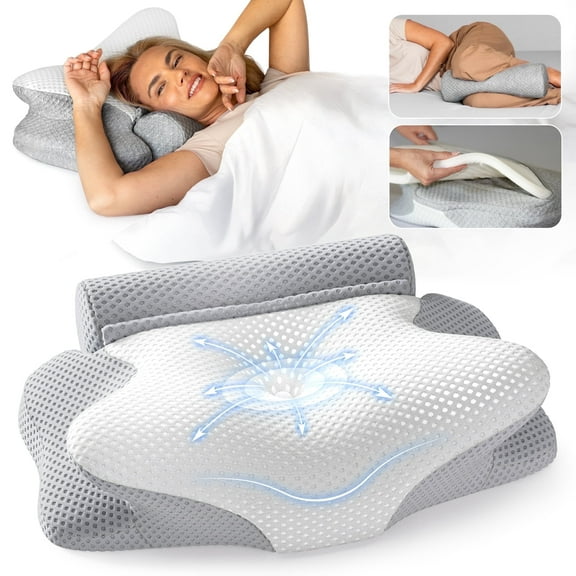 ThetaDream Cervical Neck Pillow for Neck Pain Relief – Adjustable Height Insert & Detachable Roll – Dreamers Relief - Side Sleeper Back, & Stomach Use