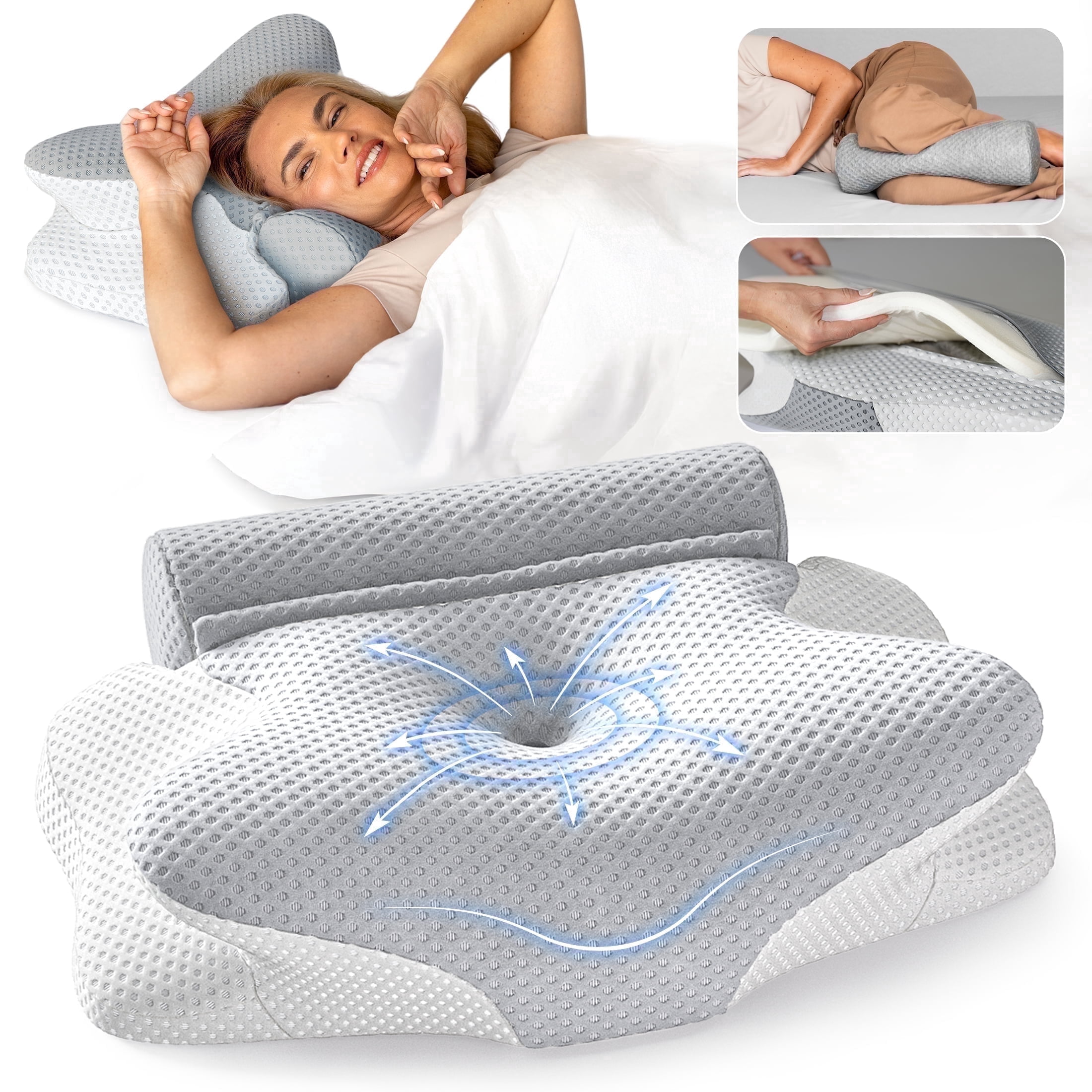 ThetaDream 3-in-1 Orthopedic Pillow, Cervical Neck Pillow for Sleeping, Adjustable Height Memory Foam Neck Pillow and Detachable Roll, Contour Pillow for Neck Pain Relief for All Sleeping Positions