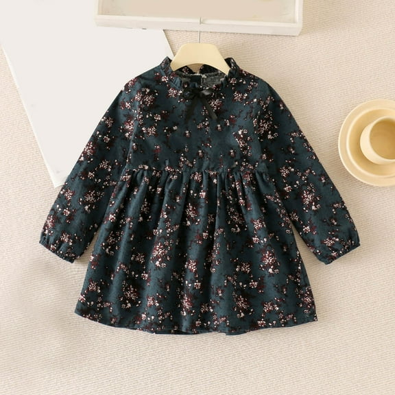 Thetops 100% Cotton Big Girls Dress - Army Green 7T, A-Line Long Sleeve Comfortable Durable Machine Washable