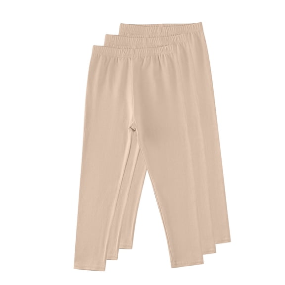 Thetops 100% Cotton Big Girls' Leggings 3-Pack - Khaki, Slim-Fit Elastic Waist, Soft Breathable for School/Playdates, Size 11-12T