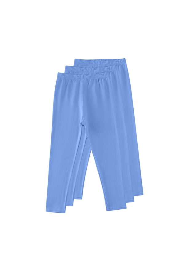 100% Cotton Little Girls' Leggings 3 Pack - 5-6T Blue, Stretchy Elastic Waist Classic Slim Fit, Soft Breathable for Daily School Park Wear