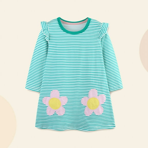 Thetops 100% Cotton Toddler Girl 4T Long Sleeve Dress - Green Striped with Pink Flower Appliqués, Ruffled Shoulder, Comfortable Breathable