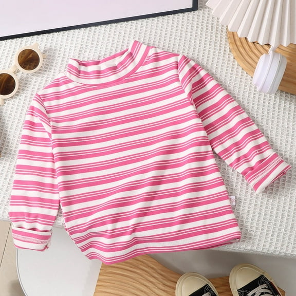 Thetops 100% Cotton Toddler Striped Shirt - Pink, 3-4T, Mock Neck Long Sleeve, Breathable Hypoallergenic Kids Top for Everyday Wear