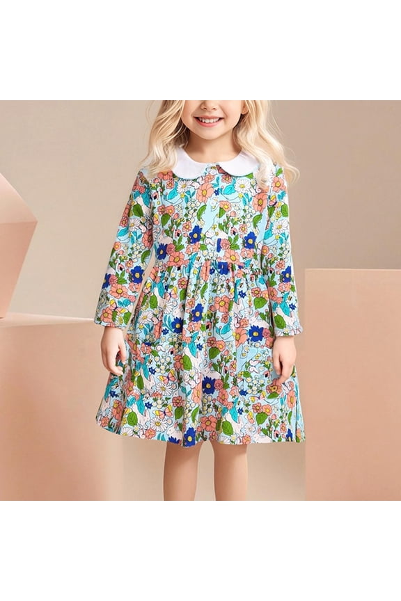 4 Year Old Girl Cotton Dress Green - Soft Breathable with Floral Bunny Print, Peter Pan Collar Long Sleeve for Spring Autumn