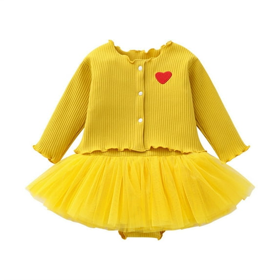 Thetops Baby Girl Princess Outfit Set: Soft Stretch Heart Embroidery Cardigan & Tulle Skirt Onesie, Yellow, Size 66