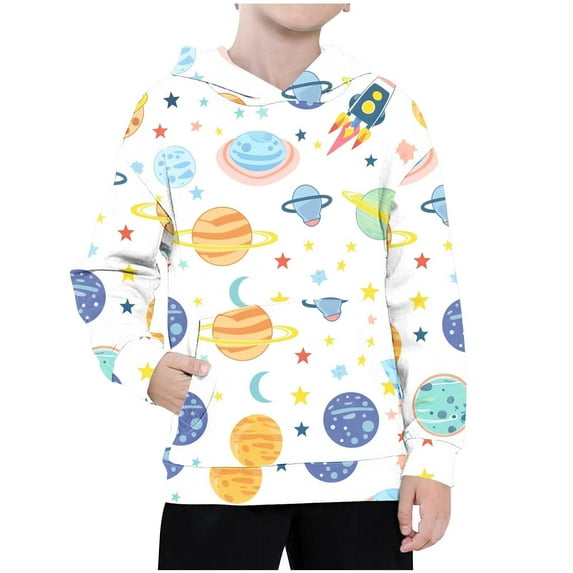 Thetops Big Boys 7T White Space Hoodie - Comfortable Polyester, Machine-Washable with Stars & Rockets for Kids