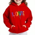 thumbnail image 1 of Thetops Big Girls 13T Red Hoodie - Rainbow "LOVE" Graphic, 100% Polyester, Kangaroo Pocket, Durable for Active Play, 1 of 4