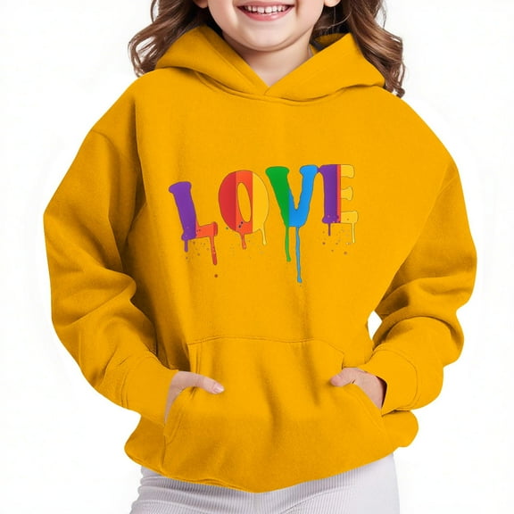 Thetops Big Girls 13T Yellow Kids Hoodie - Rainbow LOVE Graphic, 100% Polyester Durable, Playful with Hood & Pocket for Casual Wear