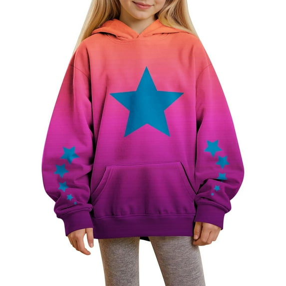 Thetops Big Girls 7-8T Hot Pink Hoodie, Gradient Star Print, Stretchy Sweatshirt with Kangaroo Pocket, Machine Washable