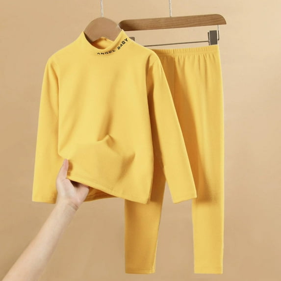 Thetops Big Girls 9T Yellow Cotton Thermal Underwear Set - Skin-Friendly Loungewear, 1 Top + 1 Pants, Long Sleeve High Neck Full Coverage for Kids