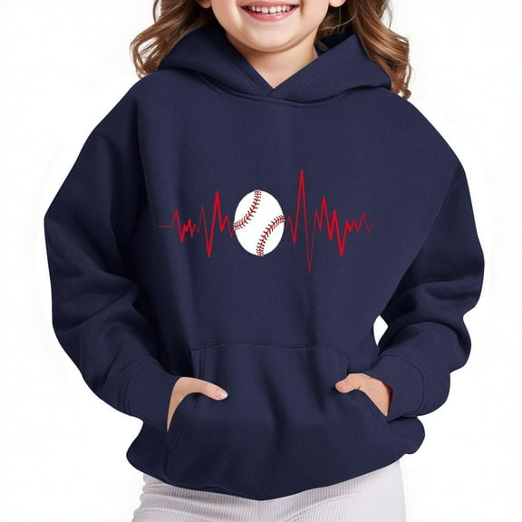 Thetops Big Girls Baseball Hoodie, 13T Navy - 100% Polyester Quick-Dry with Kangaroo Pocket, Athletic Graphic Pullover