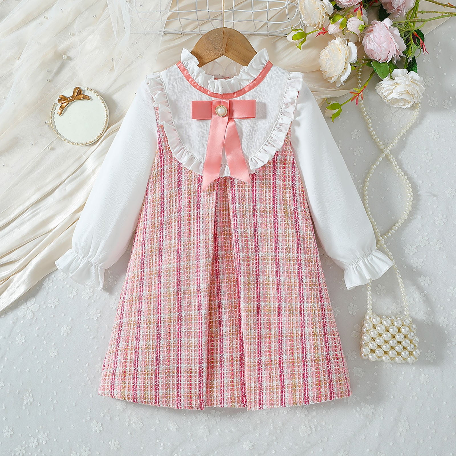 Thetops Big Girls Cotton Plaid Dress - 9T Pink, Ruffled Collar Bow with  Pearl, Cute Classic Breathable for Everyday & Party Wear